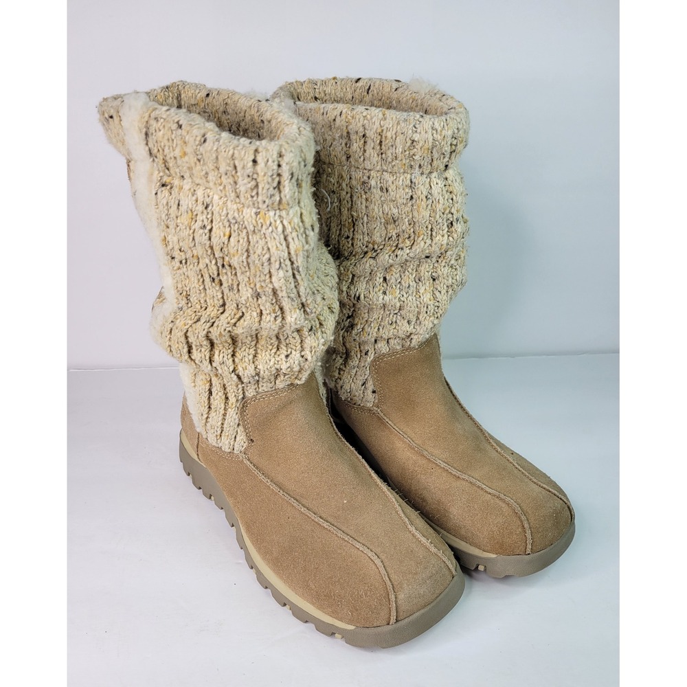 Skechers SN 46099 Women Sand Suede Marled Knit Faux Fur Mid Calf Boots Size 5.5